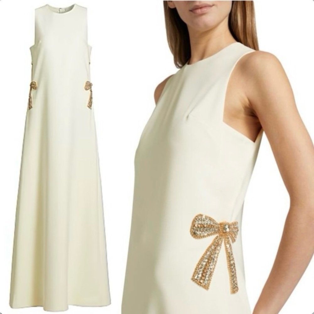Reem Acra Cream Maxi Dress with Gold Bow Details